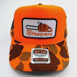 HUSQVARNA Patch Orange Camo HiVis Foam Trucker Mesh Snapback Hat Cap